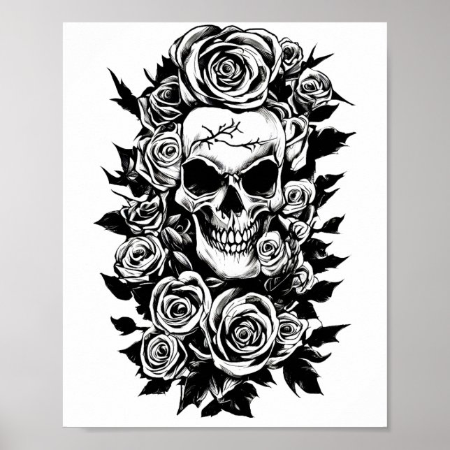 Póster Rosas de cráneo humanos Gótico dibujo original de  (Frente)