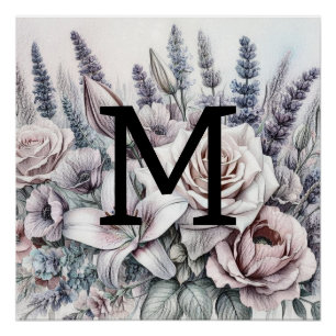 Póster Rosas de dibujo floral monograma lavanda lirios