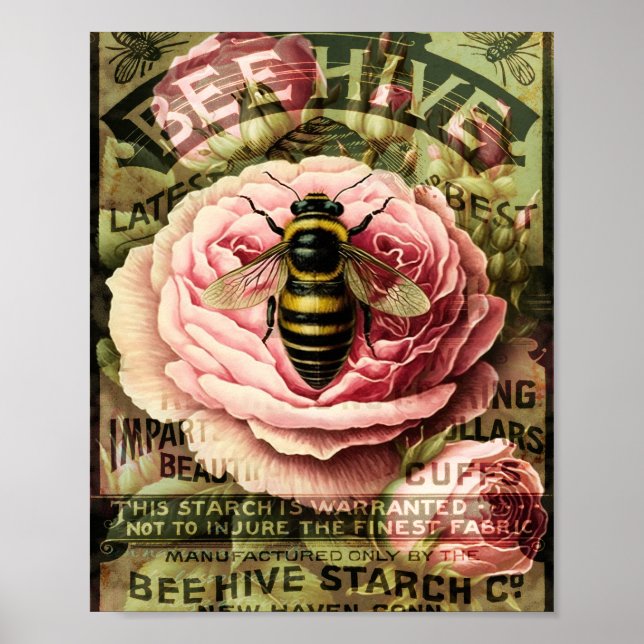 Póster Rosas de época y abeja reina (Frente)