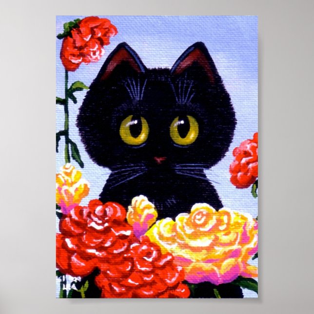 Póster Rosas de gato negro lindo flores ojos grandes crea (Frente)