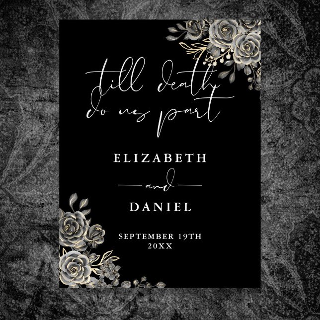 Póster Rosas De Gótico Blanco Y Negro Rótulo Boda Floral (Black And White Goth Roses Floral Wedding Sign)