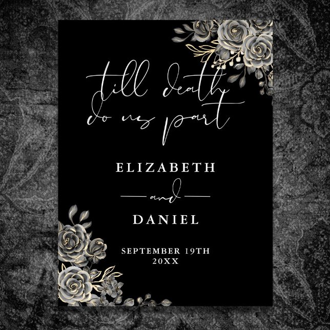 Póster Rosas De Gótico Blanco Y Negro Rótulo Boda Floral (Black And White Goth Roses Floral Wedding Sign)