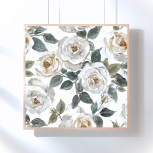 Póster Rosas de jardín   Floral Vintage Acuarela Blanca