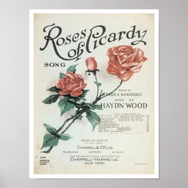 Póster Rosas de la portada del libro de canciones Picardy (Frente)