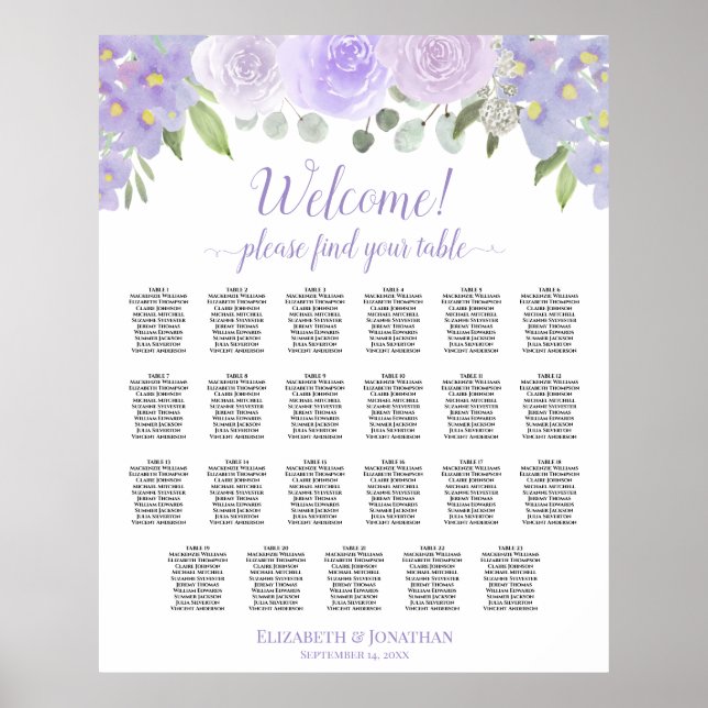 Póster Rosas de lavanda 23 Tabla de asientos Boda de mesa (Frente)
