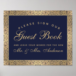 Póster Rosas de Navy Blue Gold Boda Rótulo nuestro libro 