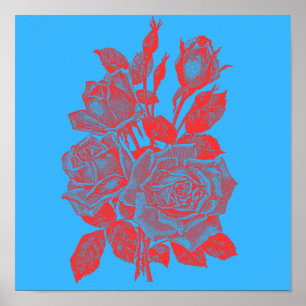 Póster Rosas de Pop-Art Neón: Grabado Rojo Vibrante