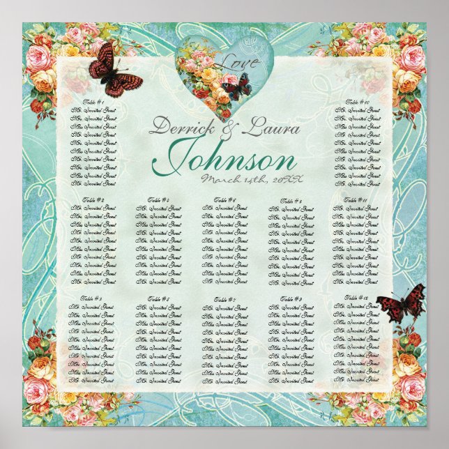 Póster Rosas de Rosa de época mariposa mariposas Swirls (Frente)