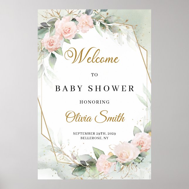 Póster rosas de Rubor eucalipto oro Baby Shower bienvenid (Frente)