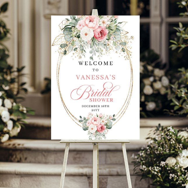 Póster Rosas doradas con rubor romántico bienvenida para  (Romantic blush roses gold boho bridal shower welcome sign

)