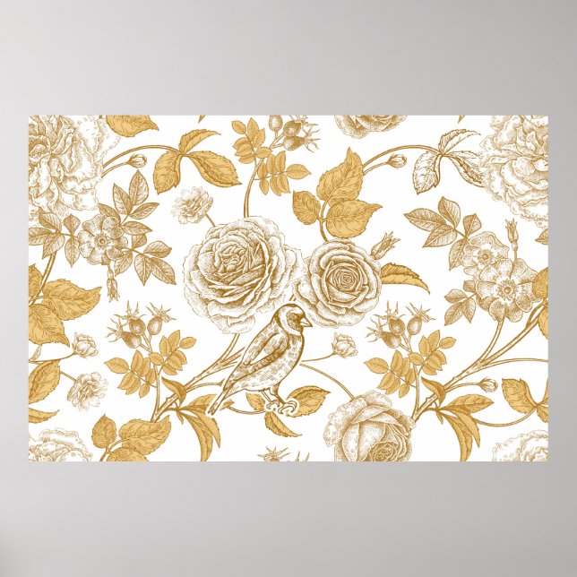 Póster Rosas dorados, flores, hojas y bayas de perro (Frente)