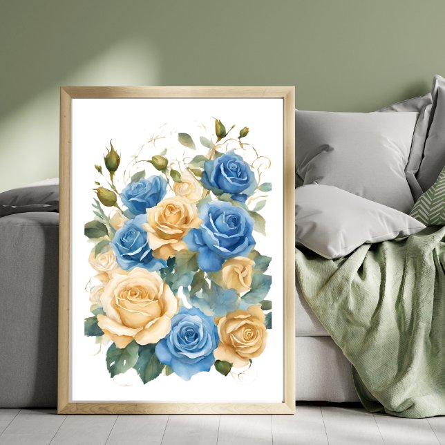 Póster Rosas dorados y azules Poster de acuarela romántic (Gold and Blue Roses Romantic Watercolor Poster)