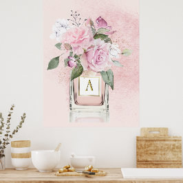 Póster Rosas Elegante Botella Perfume Monograma