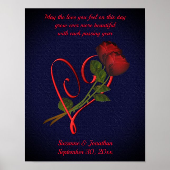 Póster Rosas Elegantes Boda De Corazón O Aniversario (Frente)