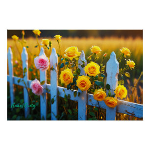Póster Rosas en una cerca blanca de estacas