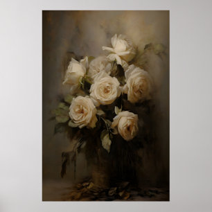 Póster Rosas Etéreas Flores Antiguas Naturaleza Muerta, S