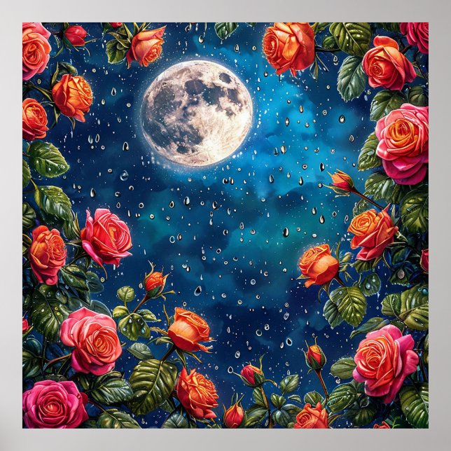 Póster Rosas exuberantes enmarcan una luna llena en una n (Frente)