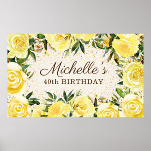 Póster Rosas Florales Amarillas Destello Dorado Cumpleaño