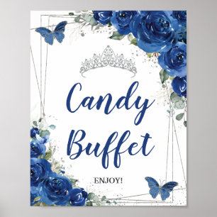 Póster Rosas Florales Azul Real Quinceañera Bufet de Dulc