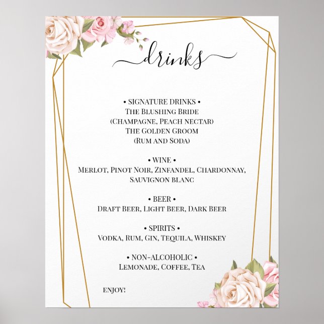 Póster Rosas florales Boda Bebidas Rótulo de menú (Frente)