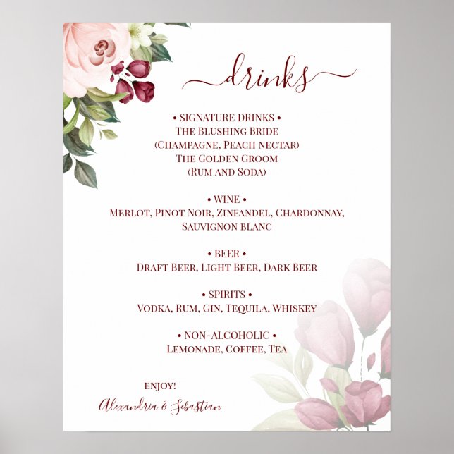 Póster Rosas florales Boda Bebidas Rótulo de menú (Frente)