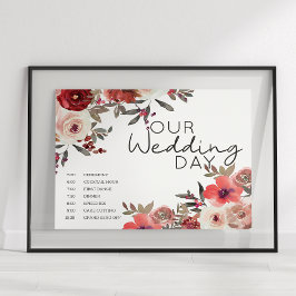 Póster Rosas Florales con Rubor Rojo Calendario de Boda