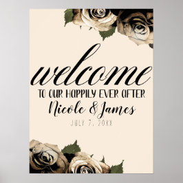 Póster Rosas Florales Glamurosas Doradas Boda Chic Marfil