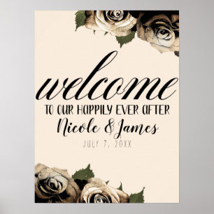 Póster Rosas Florales Glamurosas Doradas Boda Chic Marfil