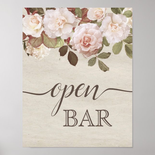 Póster Rosas franceses de época Rótulo Boda "Open Bar" (Frente)