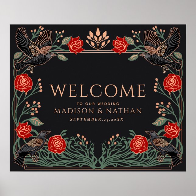 Póster Rosas Góticas Encantadas Cuervo Boda Bienvenida  (Frente)