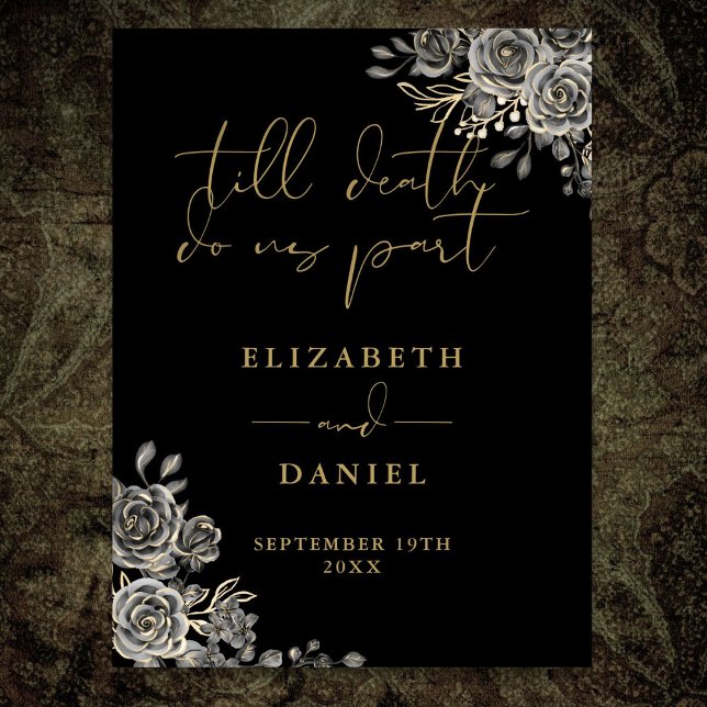 Póster Rosas Góticos Negros Y Oro Rótulo Boda Floral (Black And Gold Goth Roses Floral Wedding Sign)