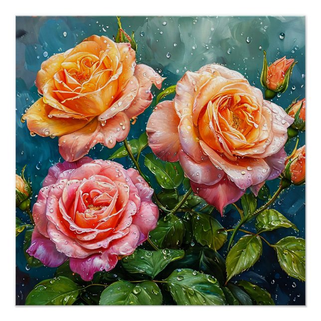 Póster Rosas Hermosas en Flor con gotas de agua (Anverso)