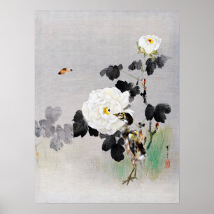 Póster Rosas, joven pájaro y mariposa, Watanabe Seitei