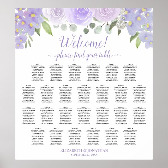 Póster Rosas Lavanda 26 Tabla de asientos Boda de mesa Bo (Frente)