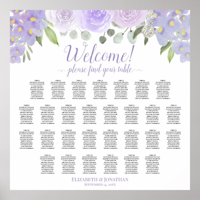 Póster Rosas Lavanda 29 Tabla de asientos Boda de mesa Bo (Frente)