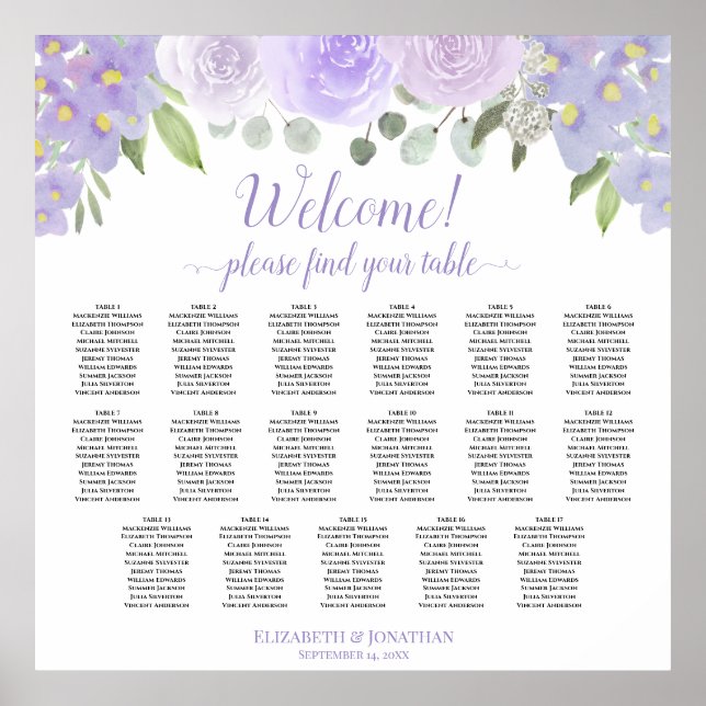 Póster Rosas Lavender Boho 17 Tabla de asientos Boda de m (Frente)