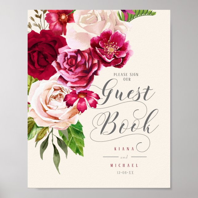 Póster Rosas Libro de Firmas para Invitados de Boda Borgo (Frente)