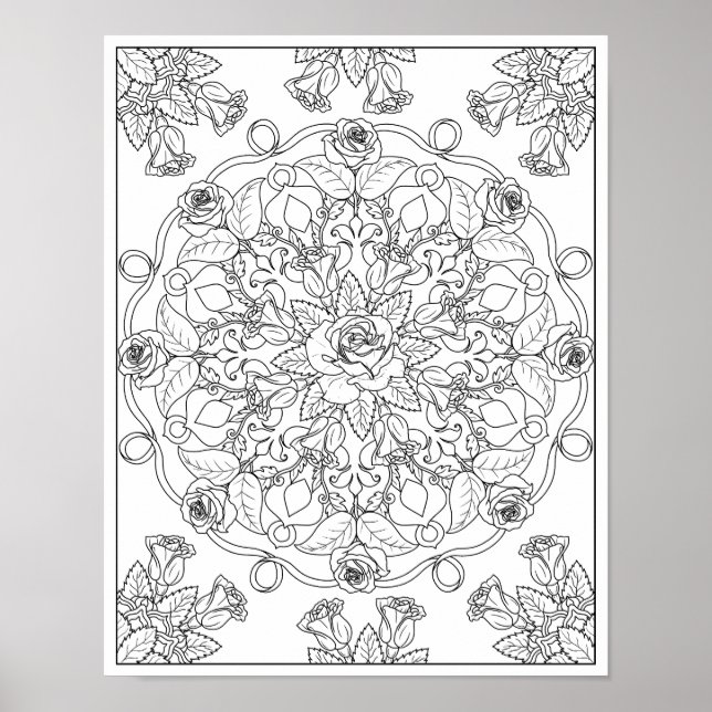 Póster Rosas Mandala para Colorear Adultos (Frente)