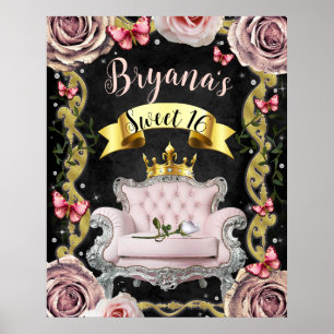 Póster Rosas Mariposas Silla Rosa Letrero de Bienvenida D