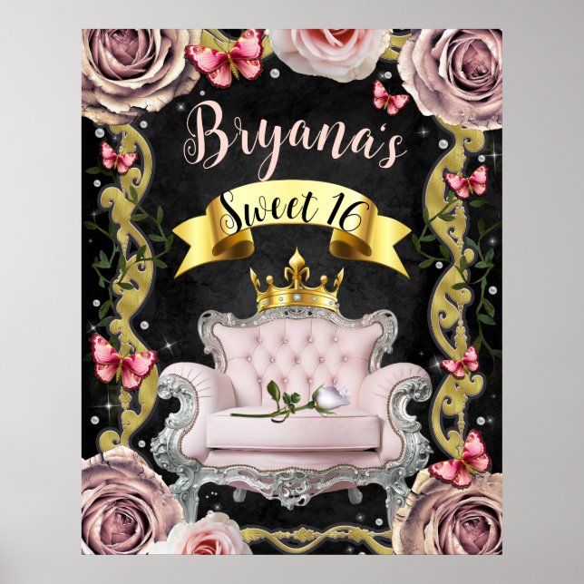 Póster Rosas Mariposas Silla Rosa Letrero de Bienvenida D (Frente)