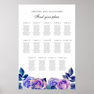 Póster Rosas moradas azules. Gráfico de asientos de boda 