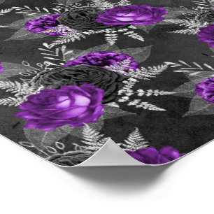 Póster Rosas Moradas Negras Hojas de Plata Jardín Oscuro