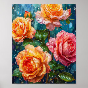 Póster Rosas Naranjas Brillantes con Gotitas de Rocío