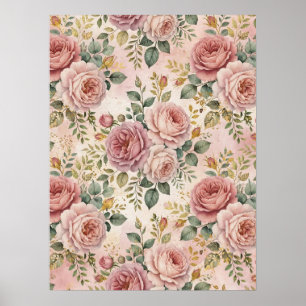 Póster Rosas Polvo de Rosa Encanto Elegante Verde Salvia 