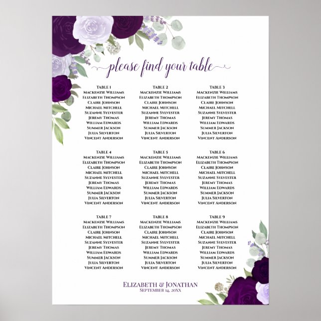 Póster Rosas púrpura Elegante 9 Tabla de asientos Boda (Frente)