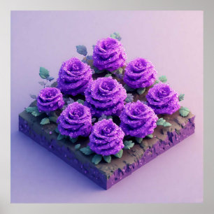 Póster Rosas púrpuras con gotas de agua