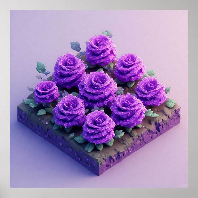 Póster Rosas púrpuras con gotas de agua (Frente)
