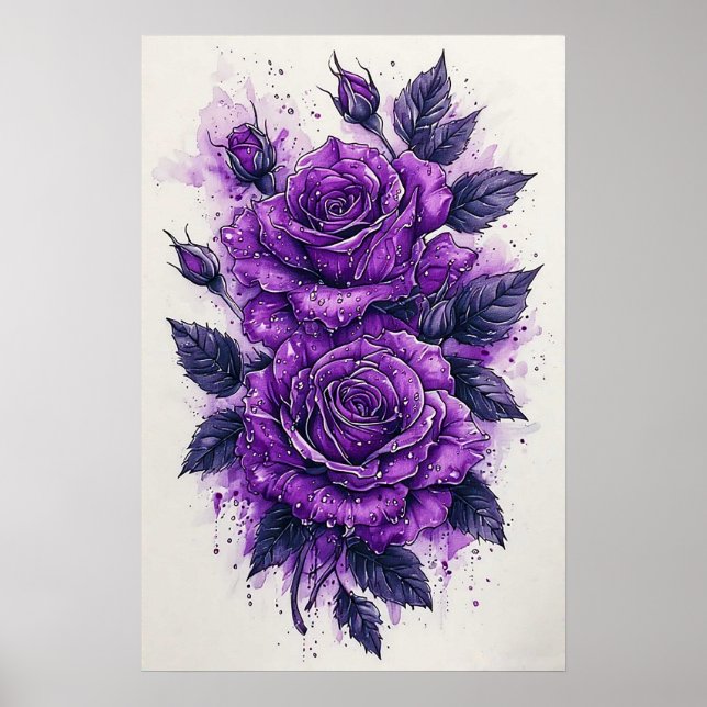 Póster Rosas púrpuras con gotas de agua (Frente)