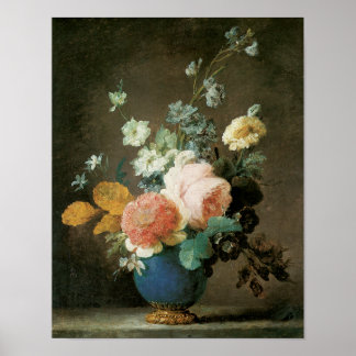Póster Rosas, Ranunculus y otras flores en una malla azul