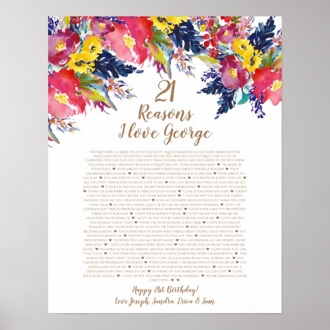 Póster Rosas razones por las que te amo cumpleaños 21 (Frente)